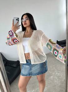 Flirla Plus Size Women's Multi-Colored Floral Crochet Cardigan - Apricot - View 5