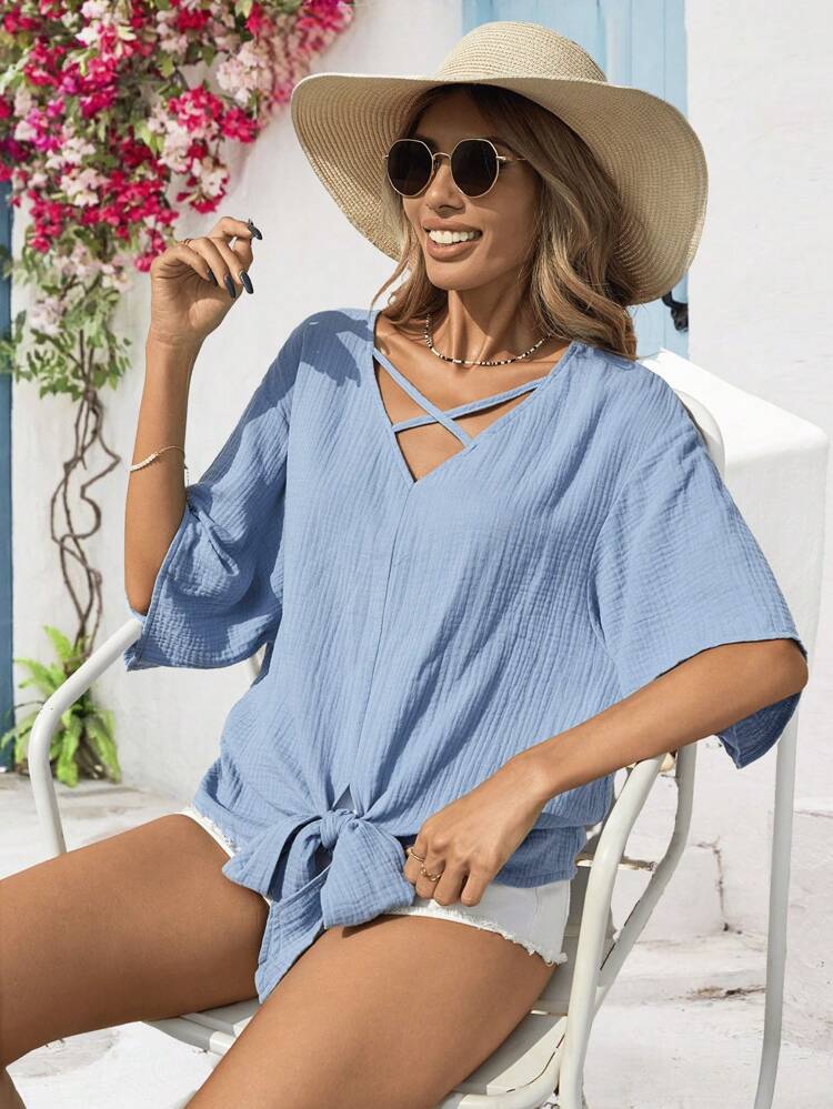 Wide-Leg Solid Color Vacation Style Women's Off-Shoulder Shirt With V-Neck, Tie Short Sleeve Blue Shirt Summer Shirts Oversized  Shirts