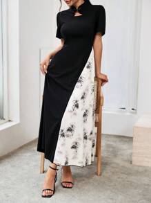 Modelyn Women's Cheongsam Collar Printed Patchwork Elegant Party Dress, Summer Short Sleeve - Black - View 7