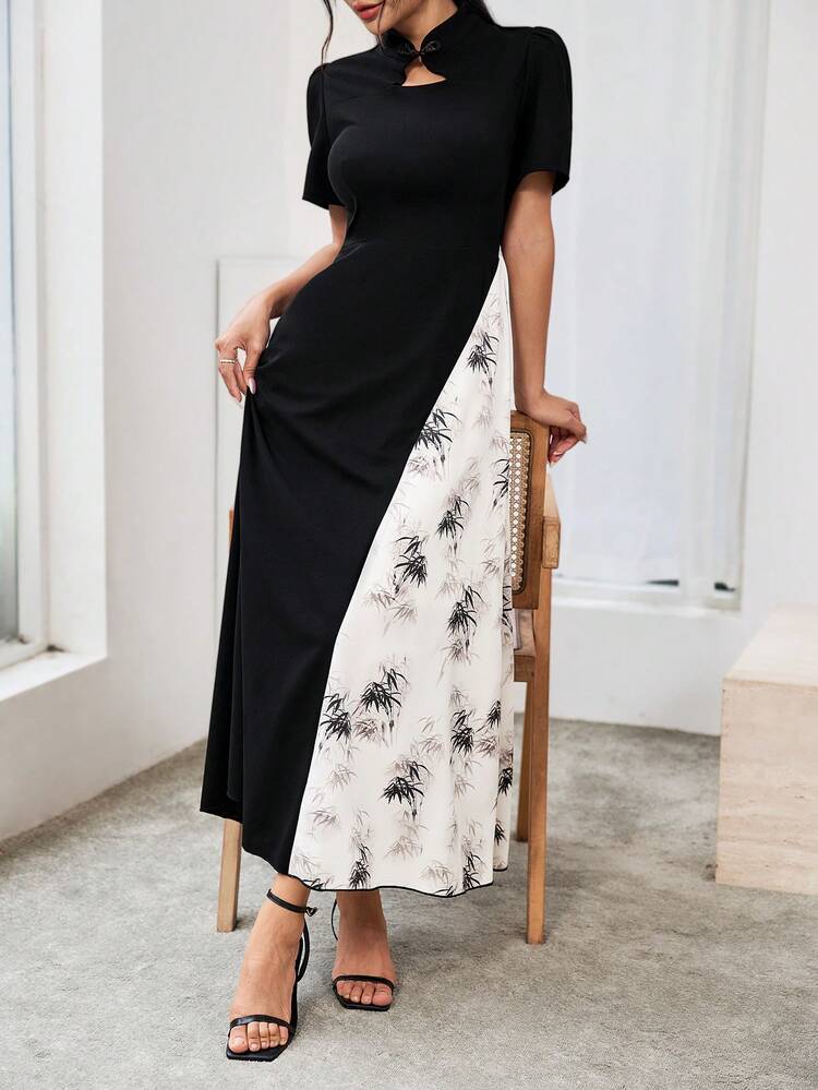 Women's Cheongsam Collar Printed Patchwork Elegant Party Dress, Summer Short Sleeve