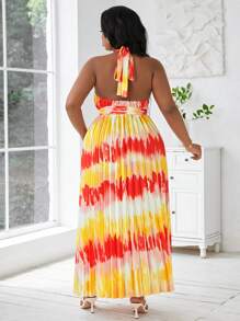 SHEIN Lady Vestido plisado con espalda descubierta y cuello halter sin mangas para mujer, talla grande, vestido de verano floral de gasa con empalme, adecuado para fiestas en la playa, vacaciones o eventos nocturnos