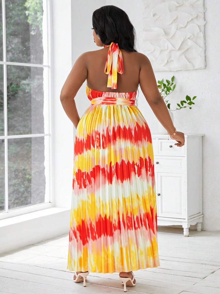 Plus Size Floral Printed Chiffon Splicing Pleated Dress, Women's Sleeveless Halter Neck Backless Vacation Evening Beach Party Dress, Summer