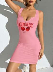 SHEIN EZwear 樱桃图案休闲简约女式 V 领无袖紧身迷你连衣裙，适合夏季，女士柔和色调连衣裙 - 粉色 - 查看 3