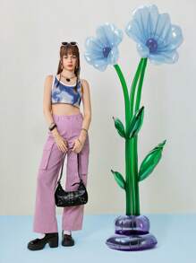 SHEINNeu Women's Summer Tie-Bye Contrast Trim Loose Simple Crop Tank Top - Blue - View 6