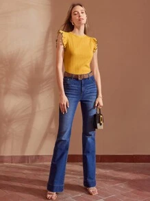 MOTF PREMIUM CONTRAST LETTUCE TRIM RUFFLE ARMHOLE TEXTURED TEE - Yellow - View 5