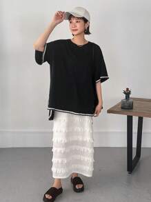 FRIFUL Women's Summer Loose Round Neck T-Shirt With Wide Sleeves And Cuff Splice Design
