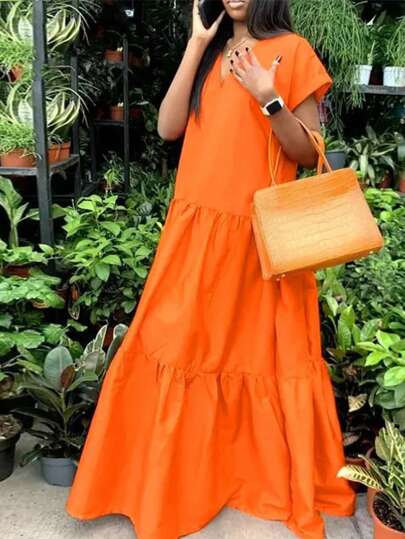 Slaydiva Plus Size Loose Fit Orange Patchwork Swing Hem V-Neck Short Sleeve Dress, Spring/Summer, Women's Holiday