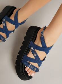 SHUZIA Women's Solid Color Cross Strap Thick-Soled Sandals