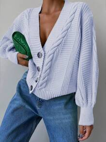 EURMUSE Solid Drop Shoulder Cable Knit Cardigan - Baby Blue - View 5