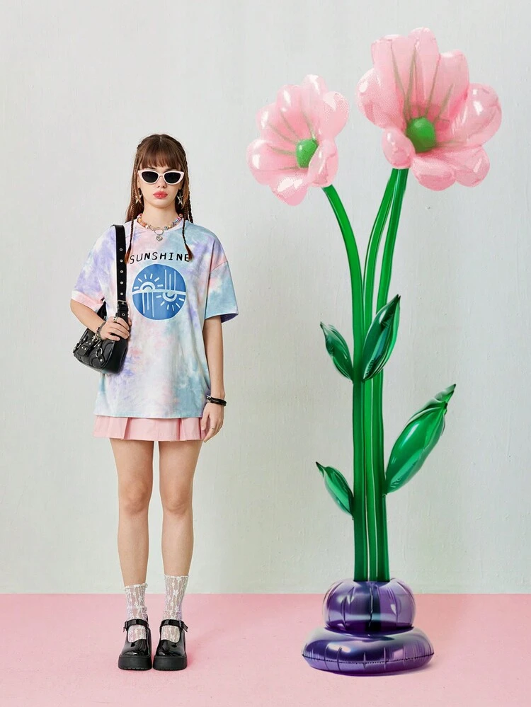 Women's Round Neck Off-Shoulder Short-Sleeved Tie-Dye Printed Loose Graphic Casual Street T-Shirt