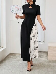 Modelyn Women's Cheongsam Collar Printed Patchwork Elegant Party Dress, Summer Short Sleeve - Black - View 6
