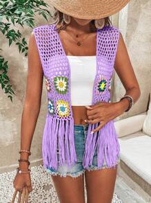 Breezaya Chaleco de ganchillo sin mangas con flecos para mujer para uso informal