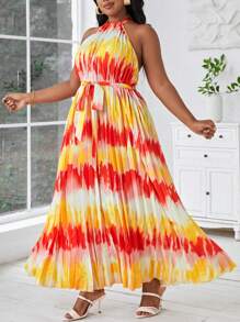 SHEIN Lady Vestido plisado con espalda descubierta y cuello halter sin mangas para mujer, talla grande, vestido de verano floral de gasa con empalme, adecuado para fiestas en la playa, vacaciones o eventos nocturnos