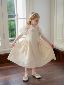 SHEIN Young Girl Woven Color Block Mesh Stand Collar Casual Dress - White - View 1