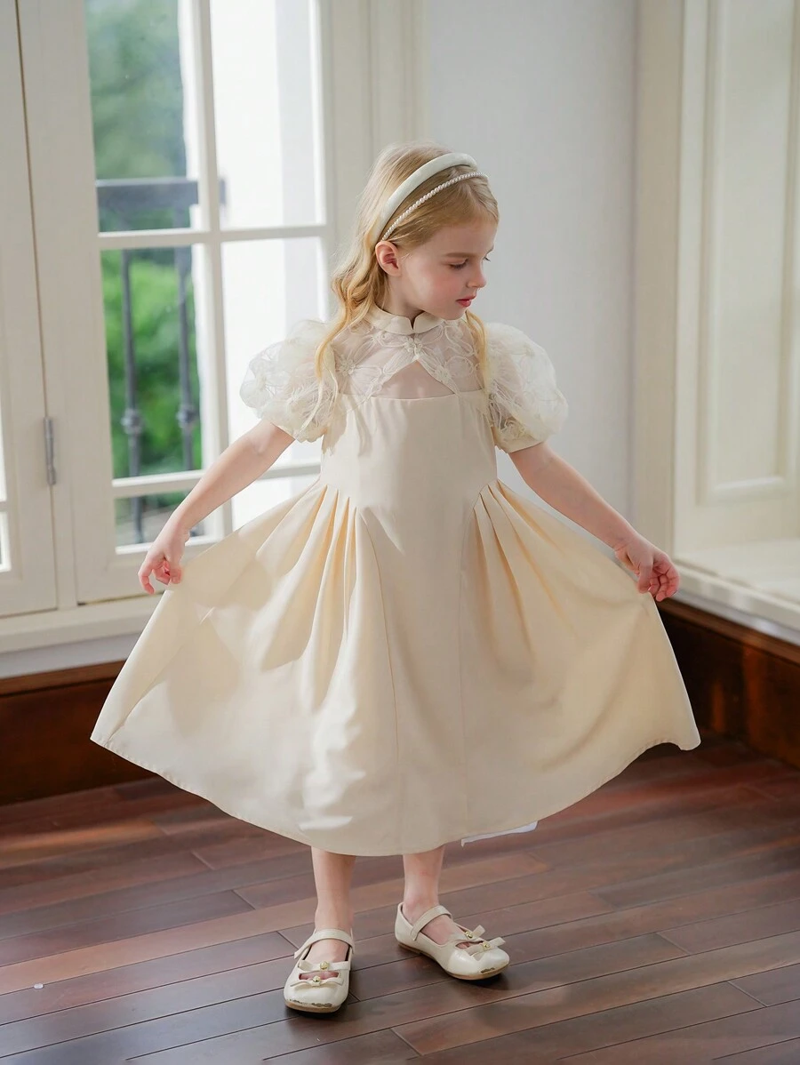 SHEIN Young Girl Woven Color Block Mesh Stand Collar Casual Dress - White - View 1