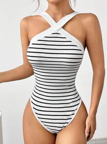 SHEIN EZwear 女士圖案露背連體衣 - 黑與白 - 查看 6