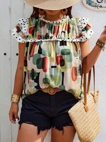 SHEIN Clasi Random Print Plus Size Boho Round Neck Ruched Summer Casual Blouse - Green - View 4