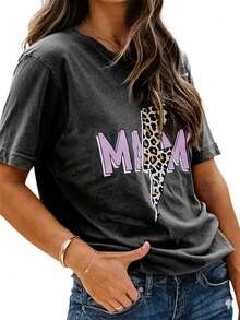 Casual Leopard Print, Lightning Bolt And Letter Graphic Round Neck T-Shirt - Dark Grey - View 3