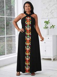 SHEIN Lady Sukienka plus size z nadrukiem, bez rękawów, wiązana na szyi, elegancka na imprezy i wyjścia, wyszczuplająca, idealna na lato, festiwal, koncerty muzyki country, wysokie kobiety
