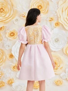 SHEIN Tween Girl Elegant Jacquard Patchwork Puff Sleeve Cinched Waist Dress For Summer - Pink - View 2