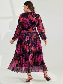Modelyn Elegantes Kleid in großen Größen mit Ballonärmeln und floralem Allover-Muster mit geraffter Taille, Frühling/Sommer - Verschiedenfarbig - Übersicht 2