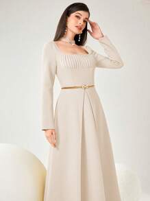 Modelyn 女式时尚纯色长袖阿拉伯连衣裙 - 米色 - 查看 7
