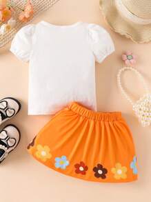 Baby Girl Cute Flower Foam Printed Puff Sleeve Top & Printed Skirt Set, Spring/Summer