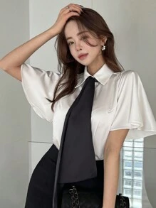 DAZY Camicetta in chiffon con fiocco al collo, di colore tinta unita, adatta per l'estate e l'ufficio, abbigliamento casual elegante per donne