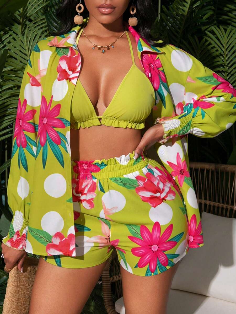 Lunelith SHEIN Lunessa Women's Colorful Flower Printed Long Sleeve Shirt Top + Shorts 3pcs Set Fall Cloth For Women - Multicolor - View 1