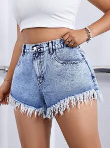 SHEIN EZwear Plus Size Summer Casual Water Wash Frayed Hem Mini Denim Shorts - Light Wash - View 3