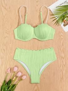 SHEIN Swim Kỳ nghỉ dành cho nữ Bộ bikini gợi cảm đính ngọc trai giả với bộ bikini tách biệt, bãi biển mùa hè - Màu xanh Bạc hà - Xem 4