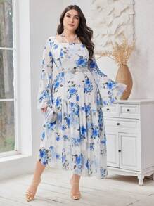 Modelyn Plus Size Summer Elegant Floral Print Dress With Flare Sleeves, Elastic Waist And Asymmetrical Hem - Multicolor - View 6
