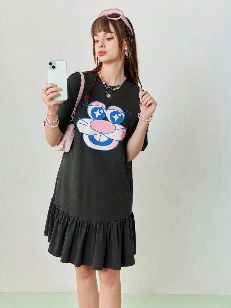 Women's Summer Cartoon Print Pattern Casual T-Shirt Short Black Dress