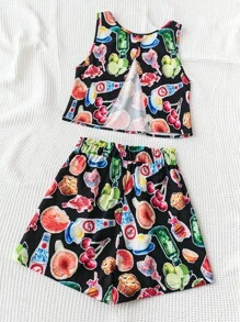 Soleia WYWH Women's Fun Print Black Vacation Tank Top And Shorts Set, Sleeveless Backless Tank Top, Casual Outfits