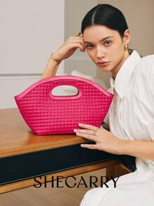 SHECARRY 時尚基本款PU編織女提手袋，適用於女士，適用於假期，適用於旅行，適用於夏季，編織袋，手編手提包，帶可調節肩帶，新款手提袋 - 玫紅色 - 查看 1