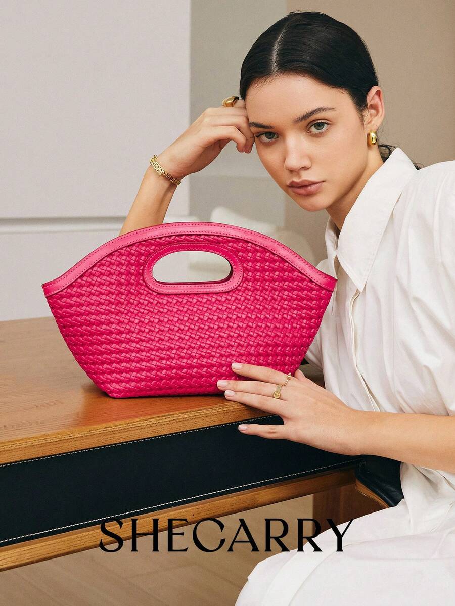 SHECARRY 時尚基本款PU編織女提手袋，適用於女士，適用於假期，適用於旅行，適用於夏季，編織袋，手編手提包，帶可調節肩帶，新款手提袋 - 玫紅色 - 查看 1