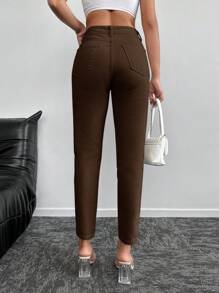 RueChic High Waist Mom Fit Jeans - Brown - View 2