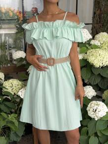Chiquease 女士時尚純色露肩緊身連衣裙，帶有垂直條紋 - 薄荷綠 - 查看 3