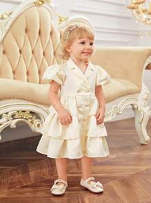 SHEIN Đầm xếp lớp bằng vải satin trơn màu thanh lịch tuyệt đẹp cho bé gái, cổ tay bồng, viền bèo nhún - Màu be - Xem 3