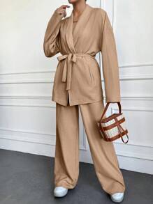 SHEIN Cottnline Beige Two Pieces Sets - Mocha Brown - View 4