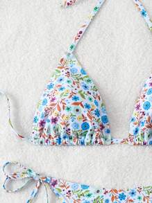 Swim Mod Summer Women's Vacation Plant Print Halter Neck Tie Sexy Bikini Set, Random Print - Multicolor - View 3