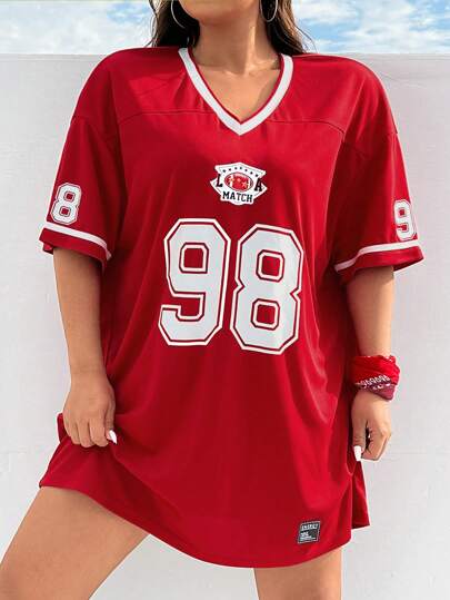 SHEIN CURVE+ Plus Size Summer Sporty Casual Short Sleeve Dress With Number Print