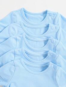 SHEIN 新生兒男寶貝休閒純色圓領短袖連身衣5入組 - 藍色 - 查看 4
