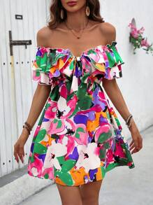 Breezaya Vestido con volantes en los hombros y borde, efecto tie-dye, con cinturón anudado, para vacaciones y playa, para mujeres