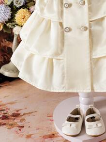 SHEIN Đầm xếp lớp bằng vải satin trơn màu thanh lịch tuyệt đẹp cho bé gái, cổ tay bồng, viền bèo nhún - Màu be - Xem 8