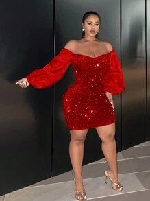 Slaydiva Của phụ nữ Kích thước lớn Quần bó Off Shoulder Long lanh Vá lại Tay áo lồng đèn Đầm - Đỏ - Xem 5