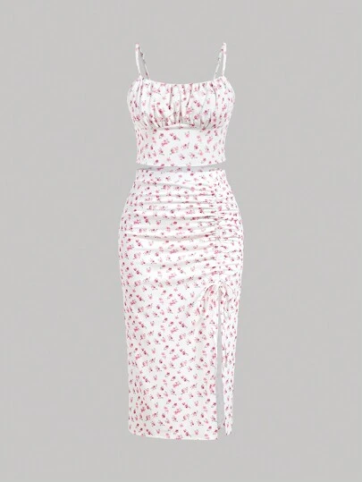 SHEIN MOD Summer Vacation White Floral Printed Camisole Top And Split Hem Skirt 2pcs/Set