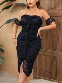 SHEIN Privé Elegant gestyltes Plus-Size-Bodycon-Kleid in Schwarz mit modischer Spitze und gerafften Details, Hochzeitsgastkleid