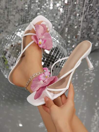 Flower Decor High Heel Beach Sandals, European & American Style, Suitable For Dates, Commuting, Banquet, Party