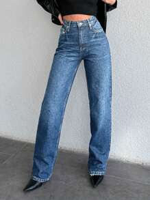 SHEIN Cottnline Women's High Waist Pockets Straight Leg Casual Versatile Jeans - Blue - View 3